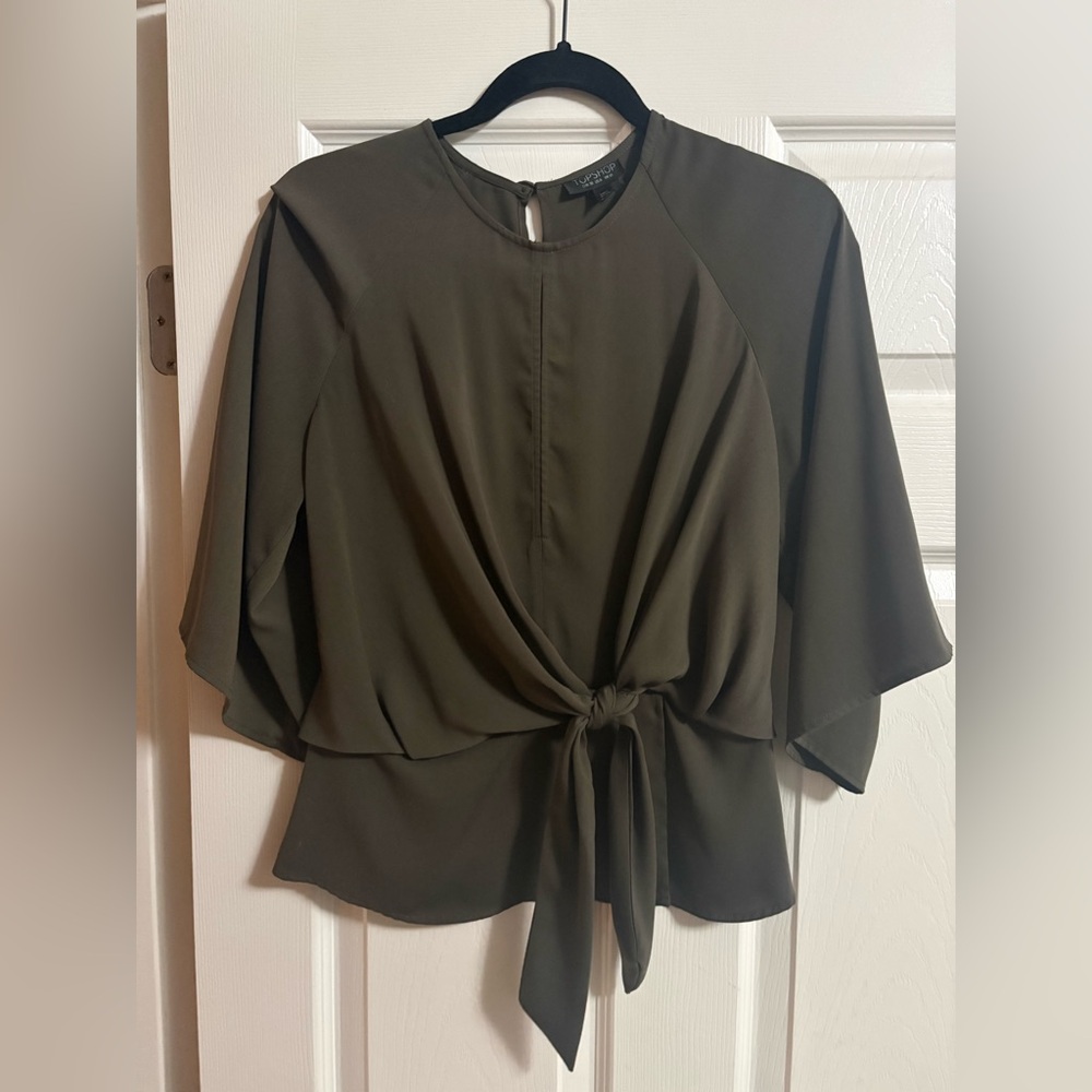 Topshop olive blouse top 3/4 sleeve ruffle tie front feminine romantic office 6 - Picture 2 of 5